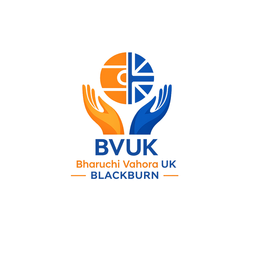 BVUK Blackburn logo: two hands holding a Bharuchi and UK emblem